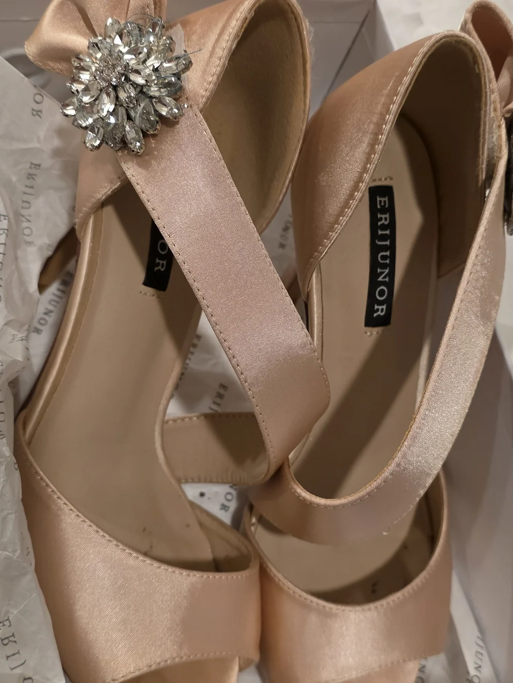 Nude Satin Heeled Sandals with Crystal Brooch Accent